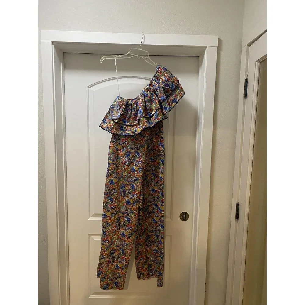 J.Crew Liberty Jumpsuit Womens 8 Multicolor One Shoulder Ruffle Floral Wide Leg
